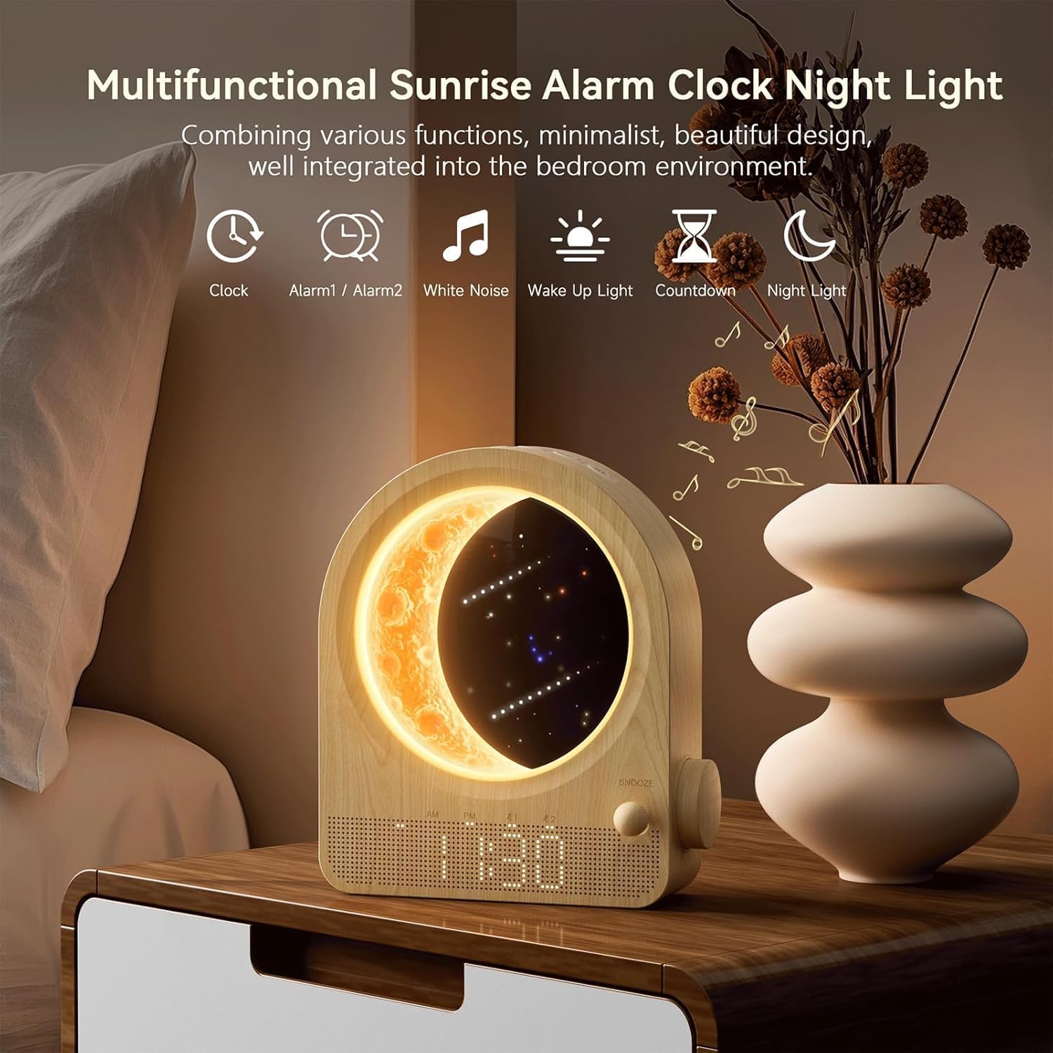 Sunrise Alarm Clocks for Bedrooms, Stepless Dimmable Moon Lamp Dual Alarm Clock Wake Up Light with 12Levels Volume for Heavy Sleepers, 10 Natural Sounds with Timer, Gifts for Women