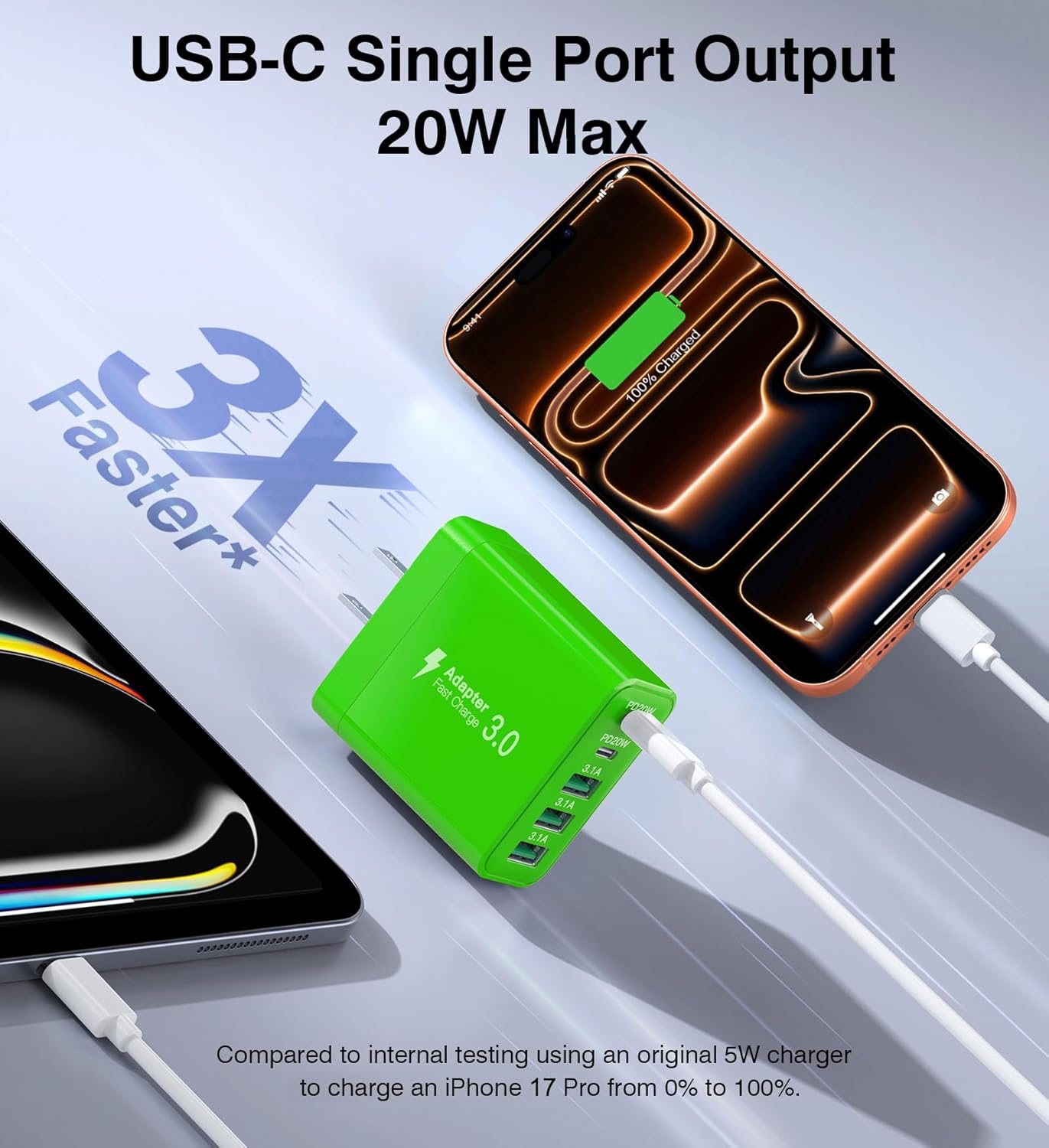 [2-Pack] USB C Wall Charger, 60W Fast USB C Charger Block, 5-Port PD Power Adapter + QC Wall Plug Multiport Type C Charging Block Cube Compatible with iPhone 17 16 15 14 13 12 Pro Max XR XS, Green