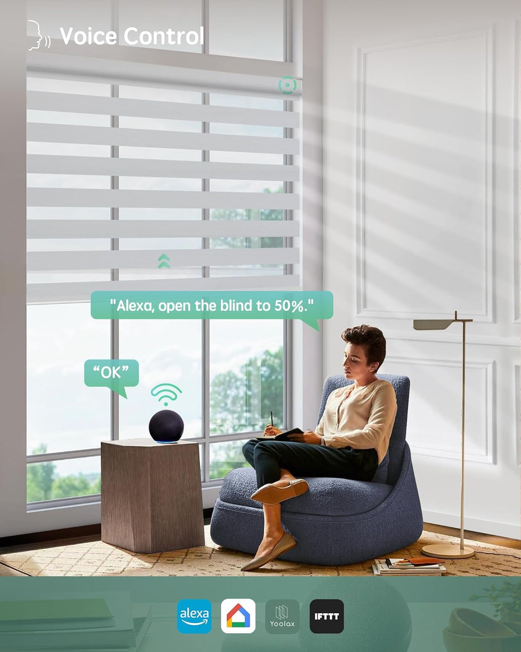 Yoolax Motorized Zebra Blinds Compatible with Alexa,Motorized Blinds with Remote Smart Automatic Custom Electric Window Blinds Cordless Indoor Blackout for Home Bedroom Kitchen (Crystal Silver)