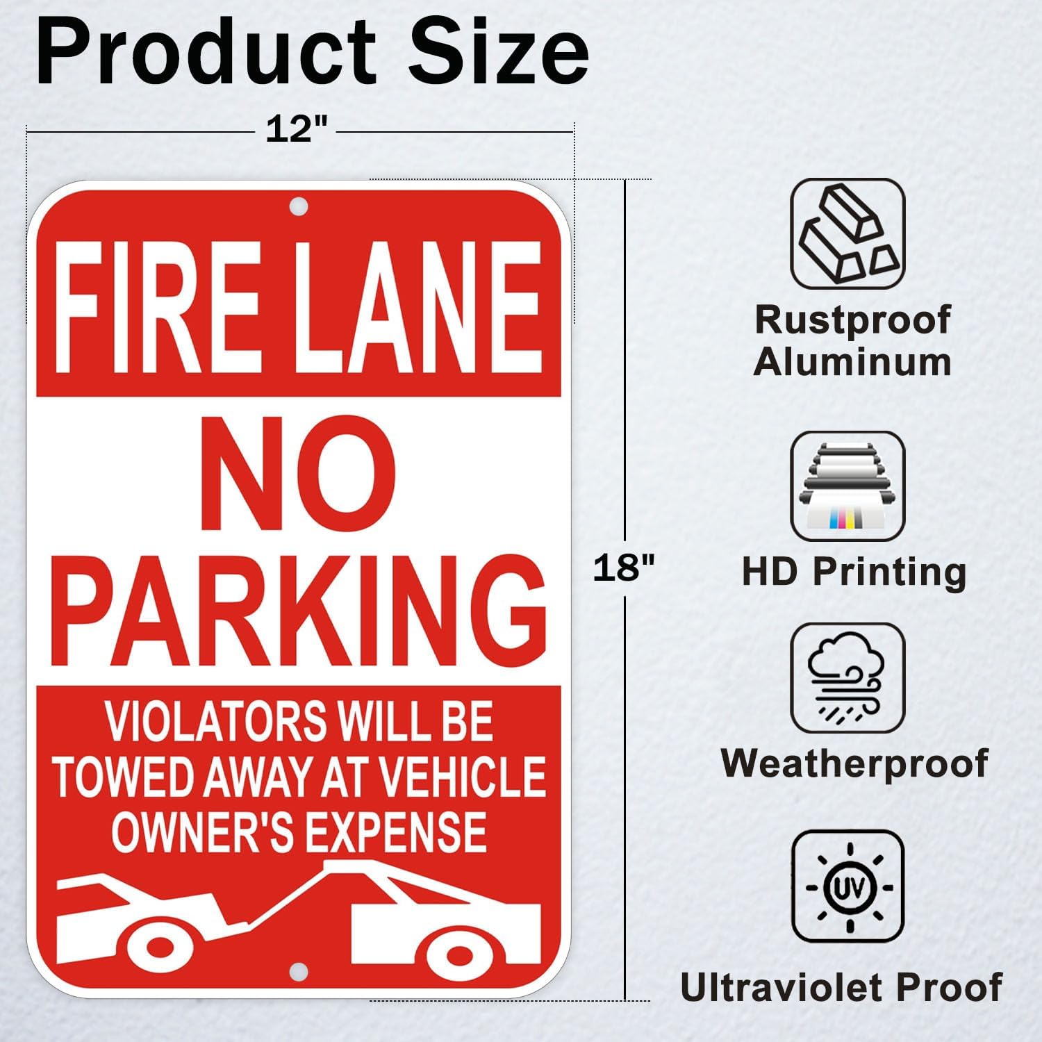 Fire Lane No Parking Sign, 12 x 18 Inches, Reflective, Weather-Resistant, Pack of 2