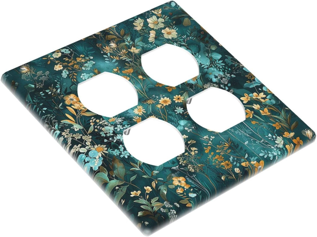 Outlet Covers Green Leaf Floral Boho Golden Flower Plant 2 Gang Double Duplex Decorative Light Switch Covers Electrical Wallplates Socket Faceplate For Bed Room Cabin Decor