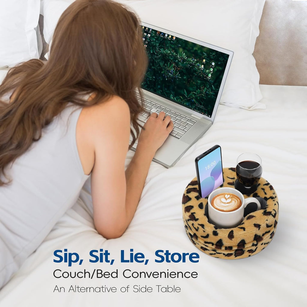 G GOOD GAIN Couch Cup Holder Pillow, Cute Sofa Drink Cup Holder Cozy Buddy | Desk Organizer for Mugs, Snacks, Phone, Makeup | Bed Caddy Tray for Car, Beach, Picnic, Boat, RV, Table (Cheetah)