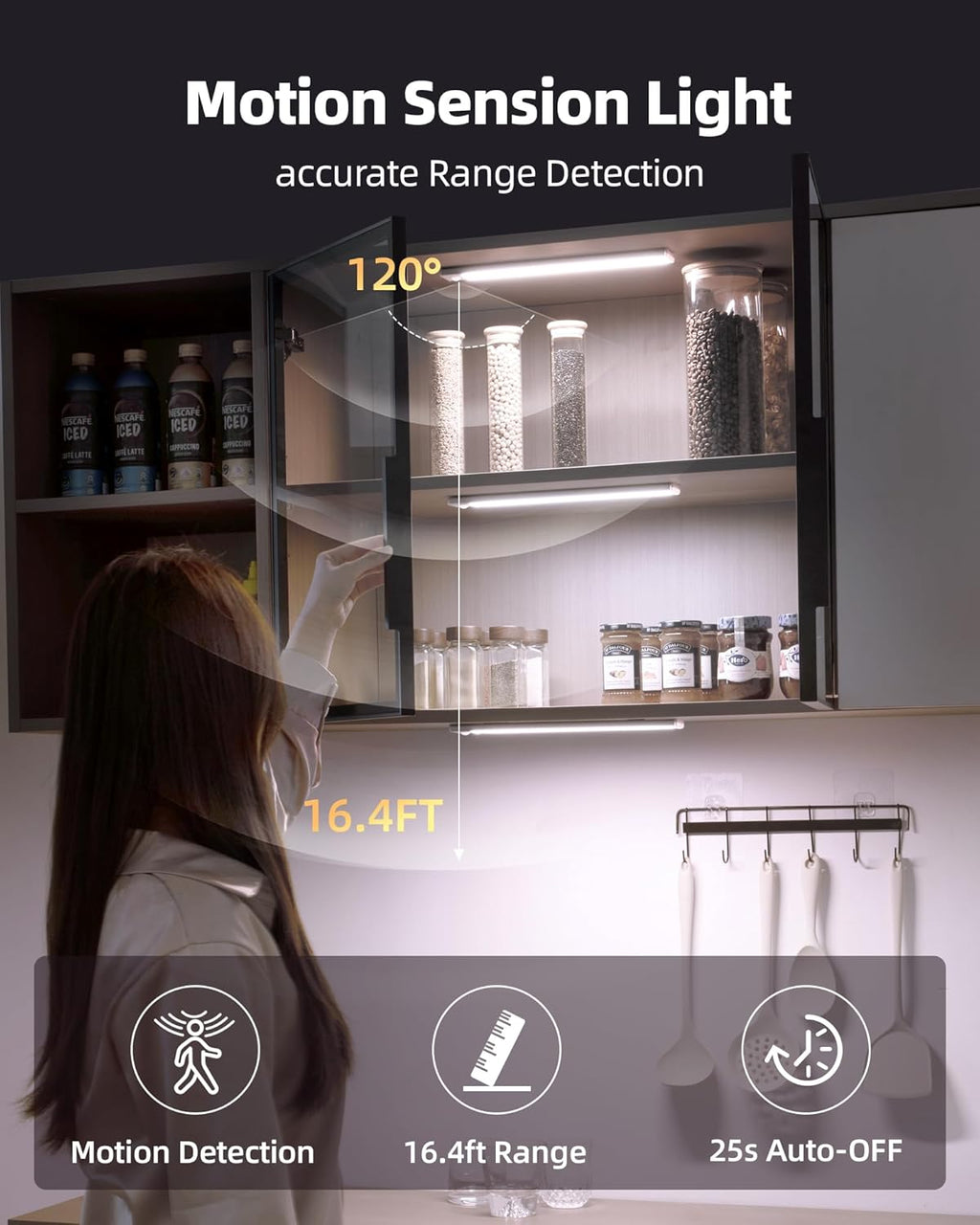 Under Cabinet Lighting Wireless,Rechargeable Battery Motion Sensor Light Indoor,LED Closet Lights USB Charging,3 Color Dimmable Under Cabinet Lights for Kitchen (3 Pcs) 7inch
