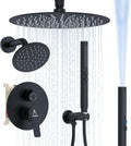 Shower System Shower Faucet Set Rainfall Shower Set with Valve 12+6" Dual Rain Shower Head with Handheld Ceiling Mount Wall Mount Shower Head Shower System, Matte Black