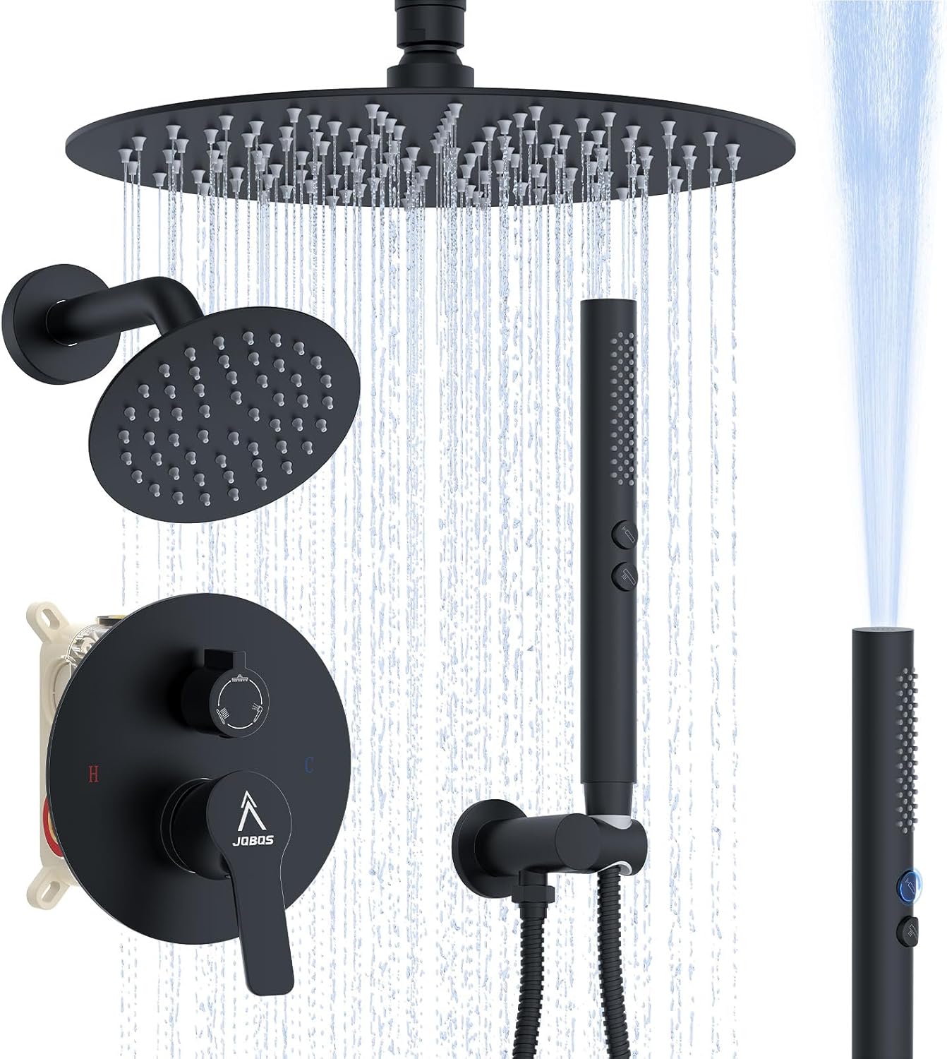 Shower System Shower Faucet Set Rainfall Shower Set with Valve 12+6" Dual Rain Shower Head with Handheld Ceiling Mount Wall Mount Shower Head Shower System, Matte Black