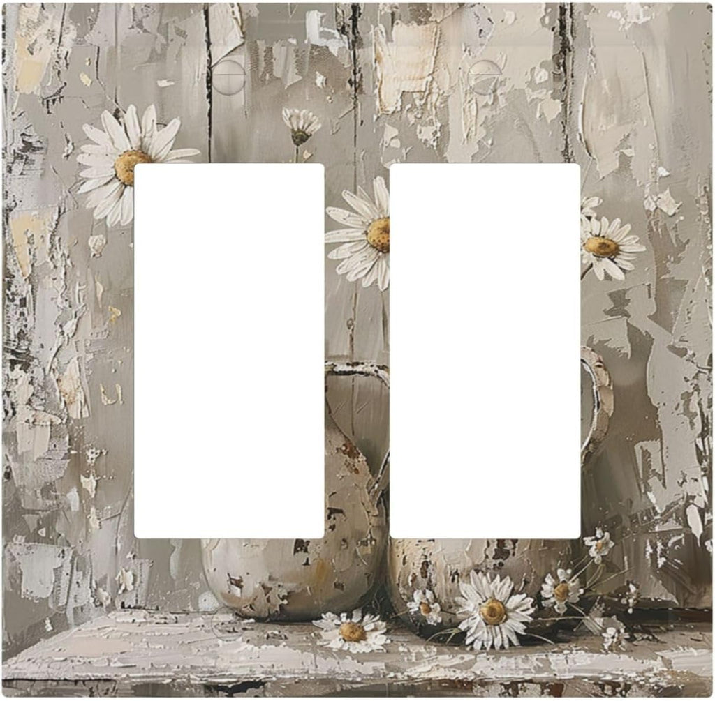 Decorative Outlet Covers Vintage Rustic Floral White Daisy Flower Oil Painting Style 2 Gang Double GFCI Rocker Electrical Wall Panels Light Switch Cover Plate for Home Farmhouse Decor