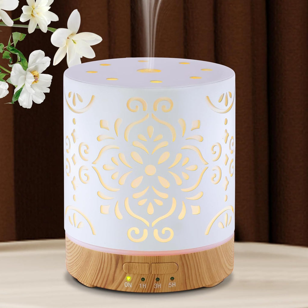 Essential Oil Diffuser for Home - 300ML Metal Aromatherapy Diffuser with Auto Shut-Off Protection & 4 Timers, Ultrasonic Cool Mist Humidifier with 7 Color LED Lights for Large Room, Home Office Décor