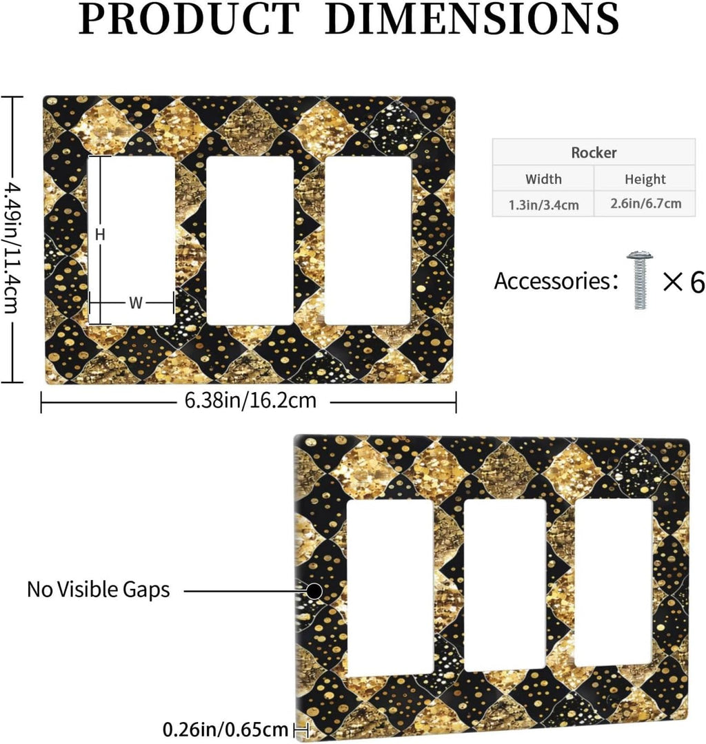 Gold Black Marble Geometric Plaid Glitter Light Switch Covers 3 Gang Rocker Decorative Triple Outlet Wall Plate Cover Electrical GFCI Switchplate for Bedroom Bathroom Decor