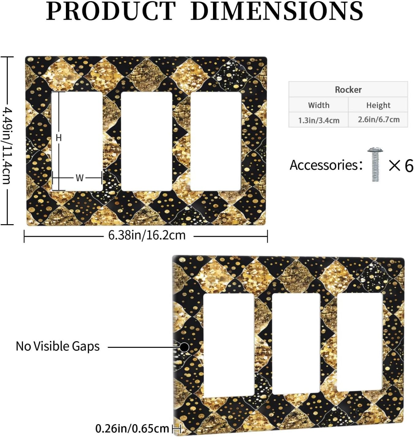 Gold Black Marble Geometric Plaid Glitter Light Switch Covers 3 Gang Rocker Decorative Triple Outlet Wall Plate Cover Electrical GFCI Switchplate for Bedroom Bathroom Decor