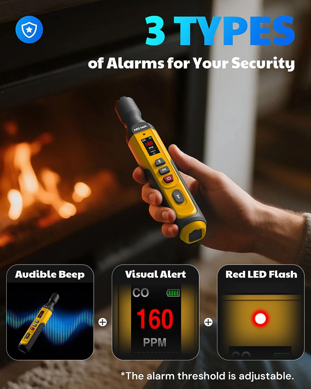AGT-2459 Portable Carbon Monoxide Detector – Rechargeable, 0~1000PPM CO Detection with Visual & Audible Alarms, TFT Color Display for Home, Travel, Industrial, and Mobile Use – Yellow