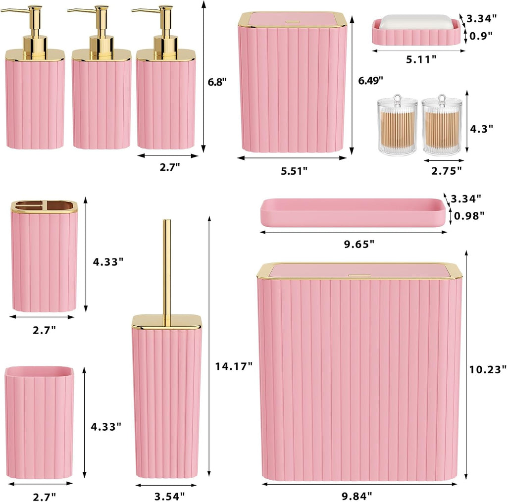 Bathroom Accessory Set - Bathroom Set, 12PC Bathroom Accessories Set, Pink Bathroom Accessories Set, Mini Trash Can, Toilet Brush, Trash Can & Soap Dispenser