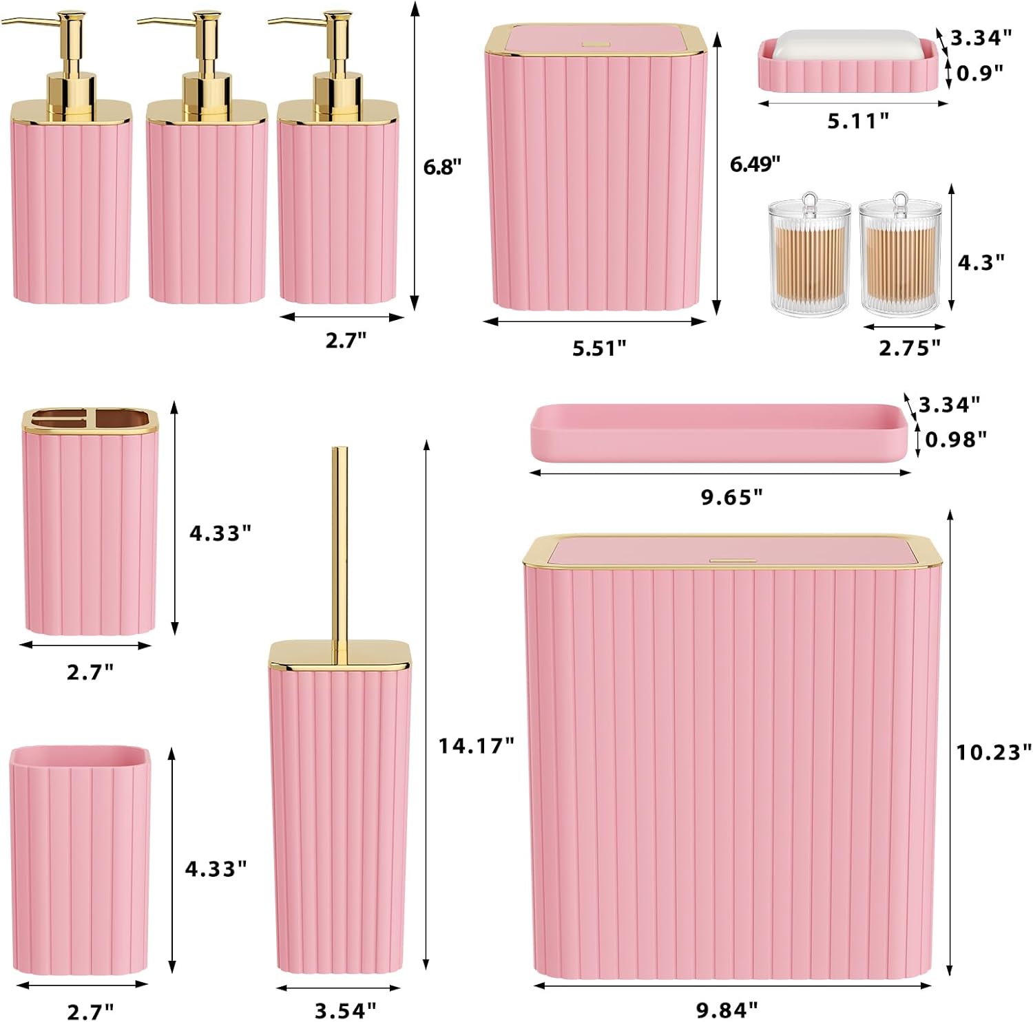 Bathroom Accessory Set - Bathroom Set, 12PC Bathroom Accessories Set, Pink Bathroom Accessories Set, Mini Trash Can, Toilet Brush, Trash Can & Soap Dispenser