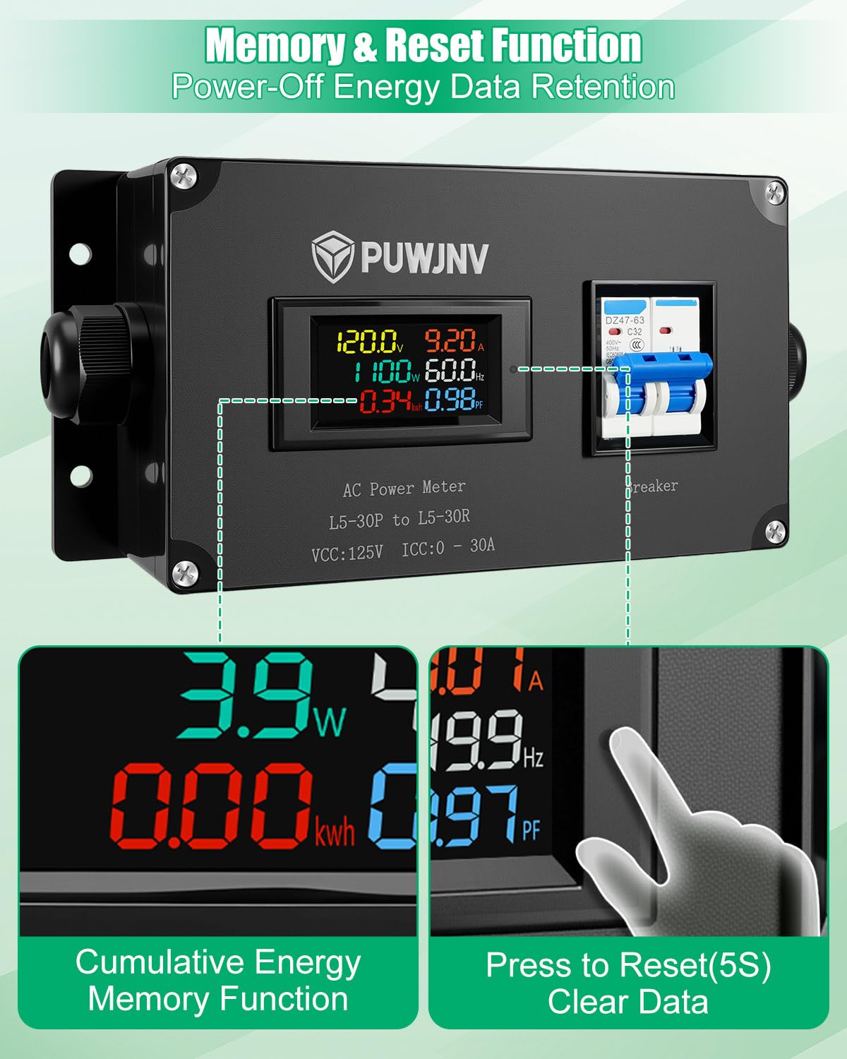 30A AC Power Meter, 125V L5-30P to L5-30R Outlet Energy Monitor, LCD Display Digital Multimeter Tester, Voltage Current Power Frequency Meter with Overload Protection