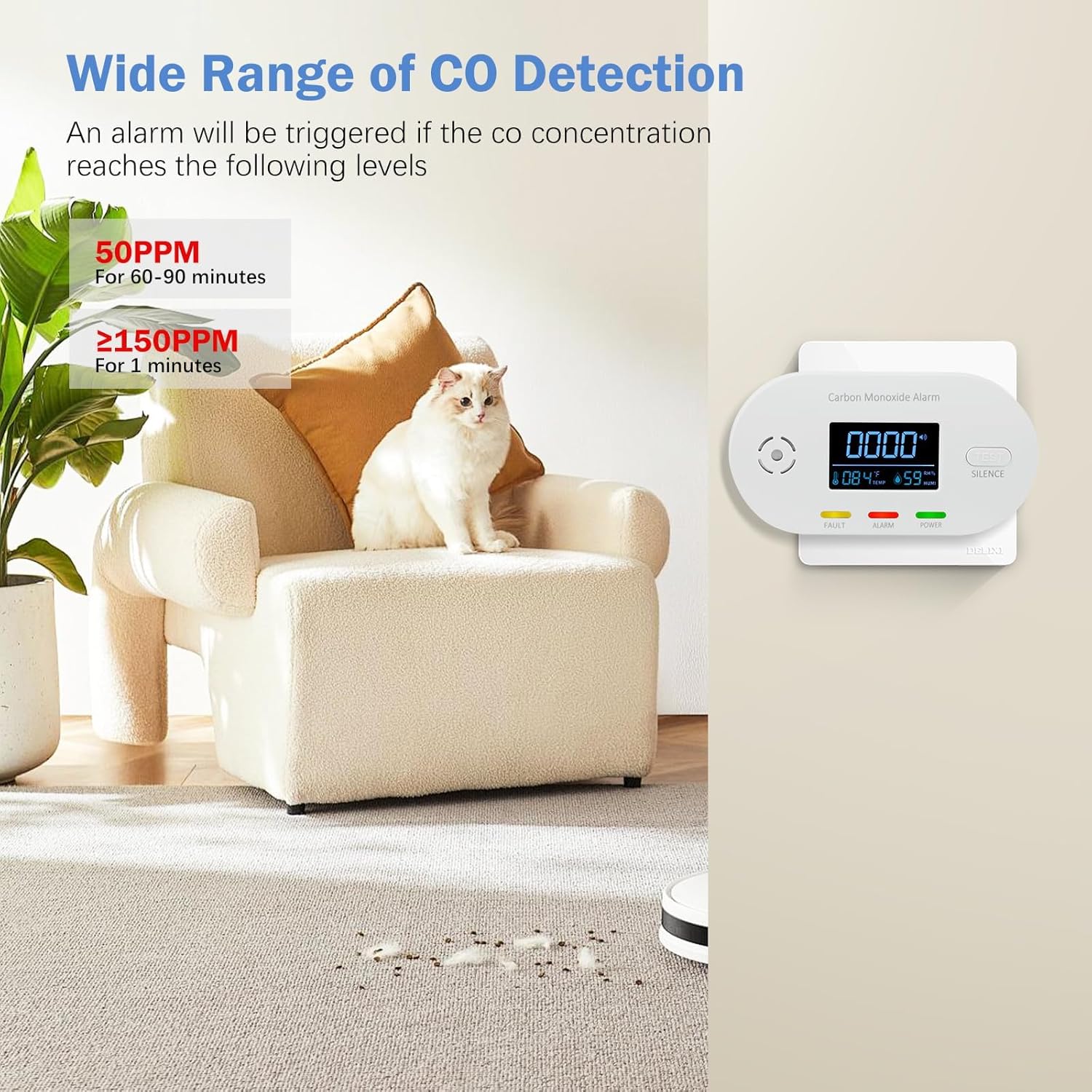 Carbon Monoxide Detectors,Plug in Carbon Monoxide Detector with CO Alarm Monitor Temperature Humidity Sensor,3-in-1 CO Detector with LCD Display for Home/Kitchen/Hotel/Bedroom (White)