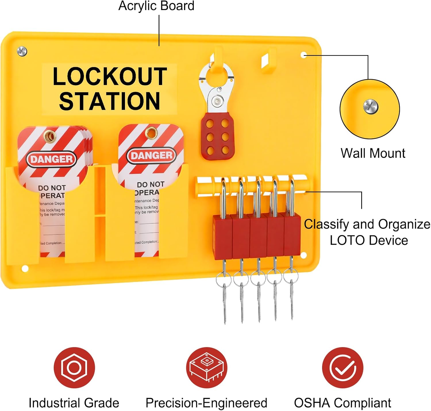 Lockout Tagout Station with Loto Devices - Lock Out Tag Out Kit Board with 4 Pack Safety Lock Set, Hasp for Padlocks, 20 Do Not Operate Tags