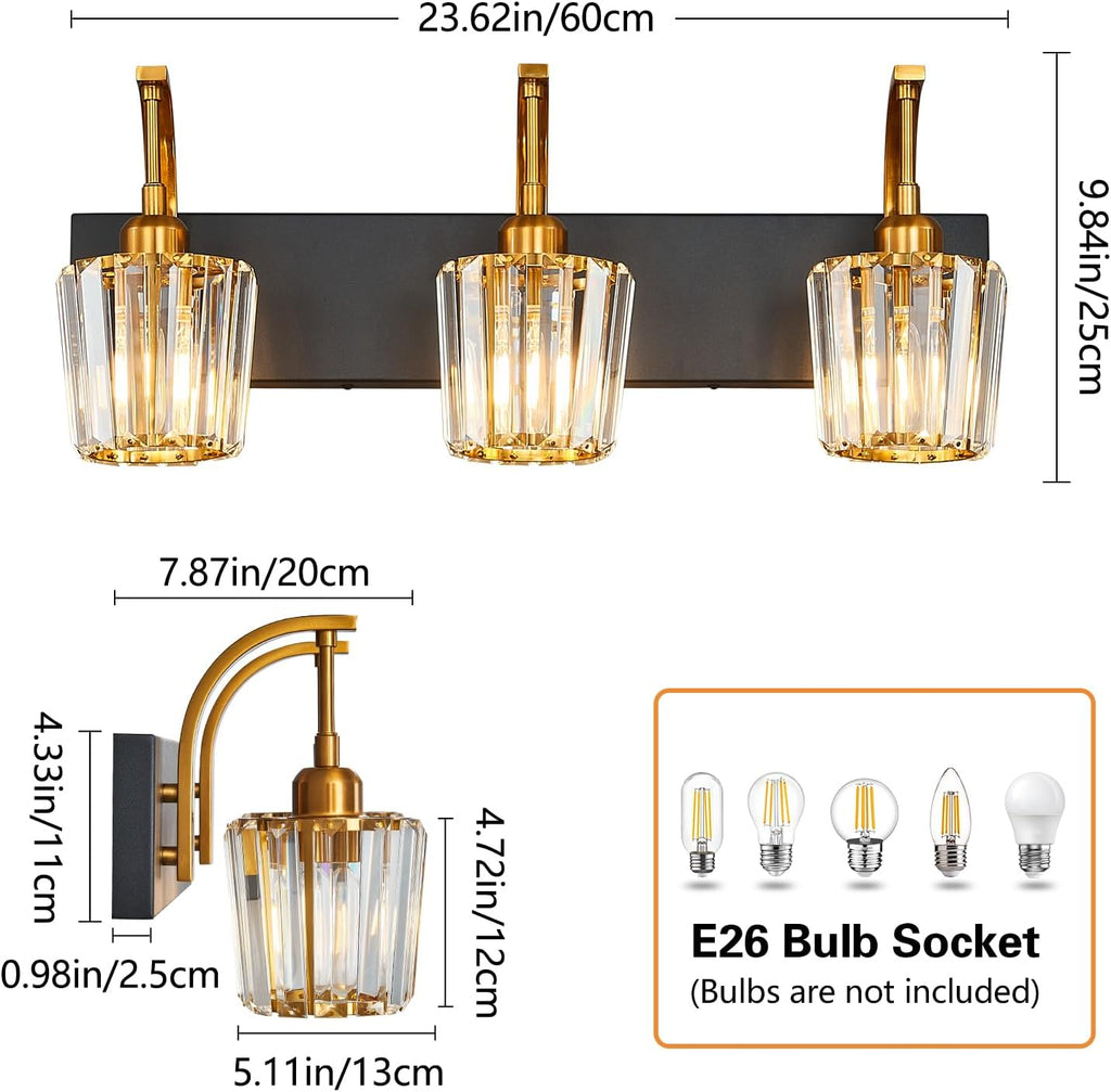Modern Bathroom Vanity Light, 3-Light Black Gold Wall Sconce with Crystal Accents, Over Mirror Bathroom Lighting Fixture, 23.62" Long Dimmable Vanity Lamp for Makeup, Easy Installation