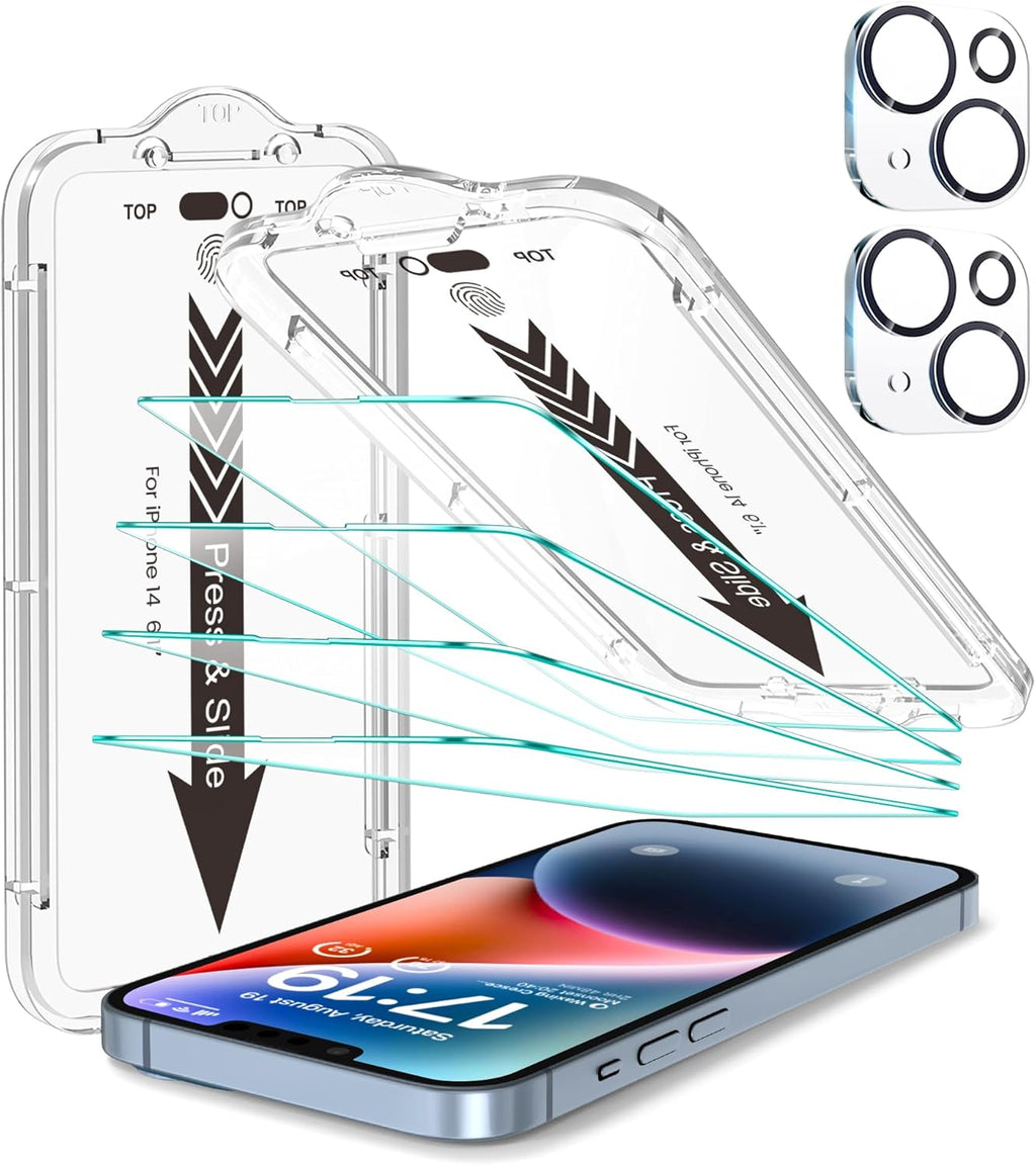 EZ-GLAZ- 4 Pack for iPhone 14 Screen Protector [6.1"] With 2 Pack Camera Lens Protector, 9H+ Hardness 12FT Military Grade Shatterproof Scratch Resistant Durable Tempered Glass Film with Flawless Fit Kit, HD Clear