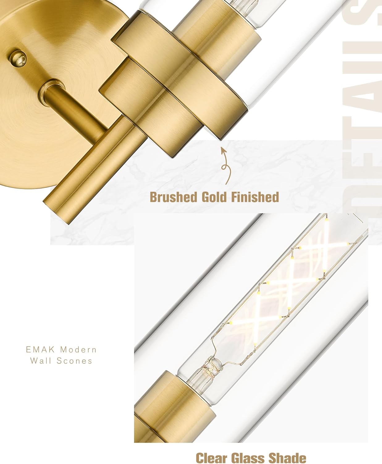 Emak Brushed Gold Sconces Wall Decor Set of 2, Modern Bathroom Light Fixtures Wall Sconce with Clear Glass Shade for Bathroom, Bedroom, Living Room, Hallway, WS085-BGD-2PK