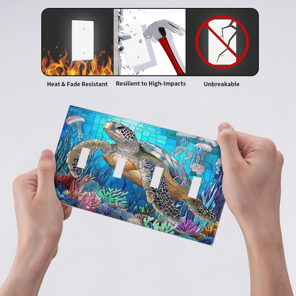 Light Switch Covers Nautical Sea Turtle Coral Jellyfish Quad Toggle Electrical Faceplate 4 Gang Wall Plate Decorative Switch Plates For Kids Room Nursery Decor