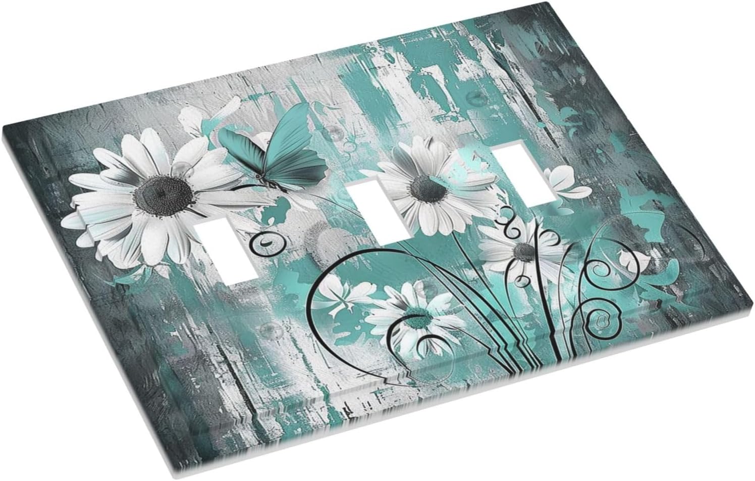 Decorative Switch Plates Teal Daisy Floral Vintage Wood Plank 3 Gang Wall Plate Triple Toggle Light Switch Cover Faceplate Electrical Wall Panels For Farmhouse Cabin Decor