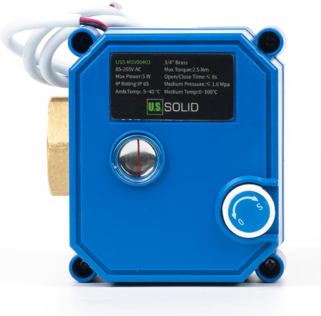 U.S. Solid Motorized Ball Valve with Manual Function - 3/4" Brass, Standard Port, 85-265V AC, 2-wire Automatic Return, Normally Closed