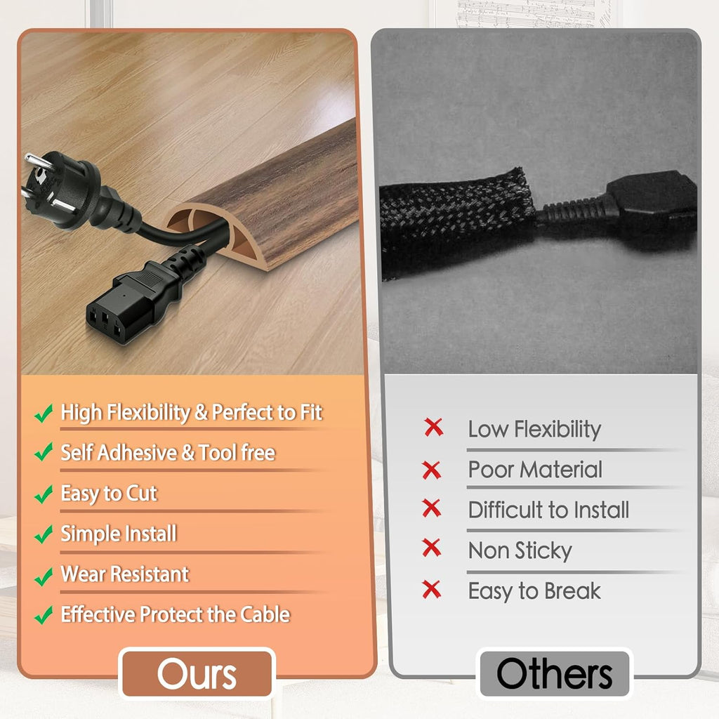 Floor Cord Cover for Wires on Floor Self Adhesive Cord Hider Floor Cable Management Wire Covers for Cords Protector Prevent Cable Trips Cord Cavity W 0.51" x H 0.31", Misty Brown Wood, 3.3Ft