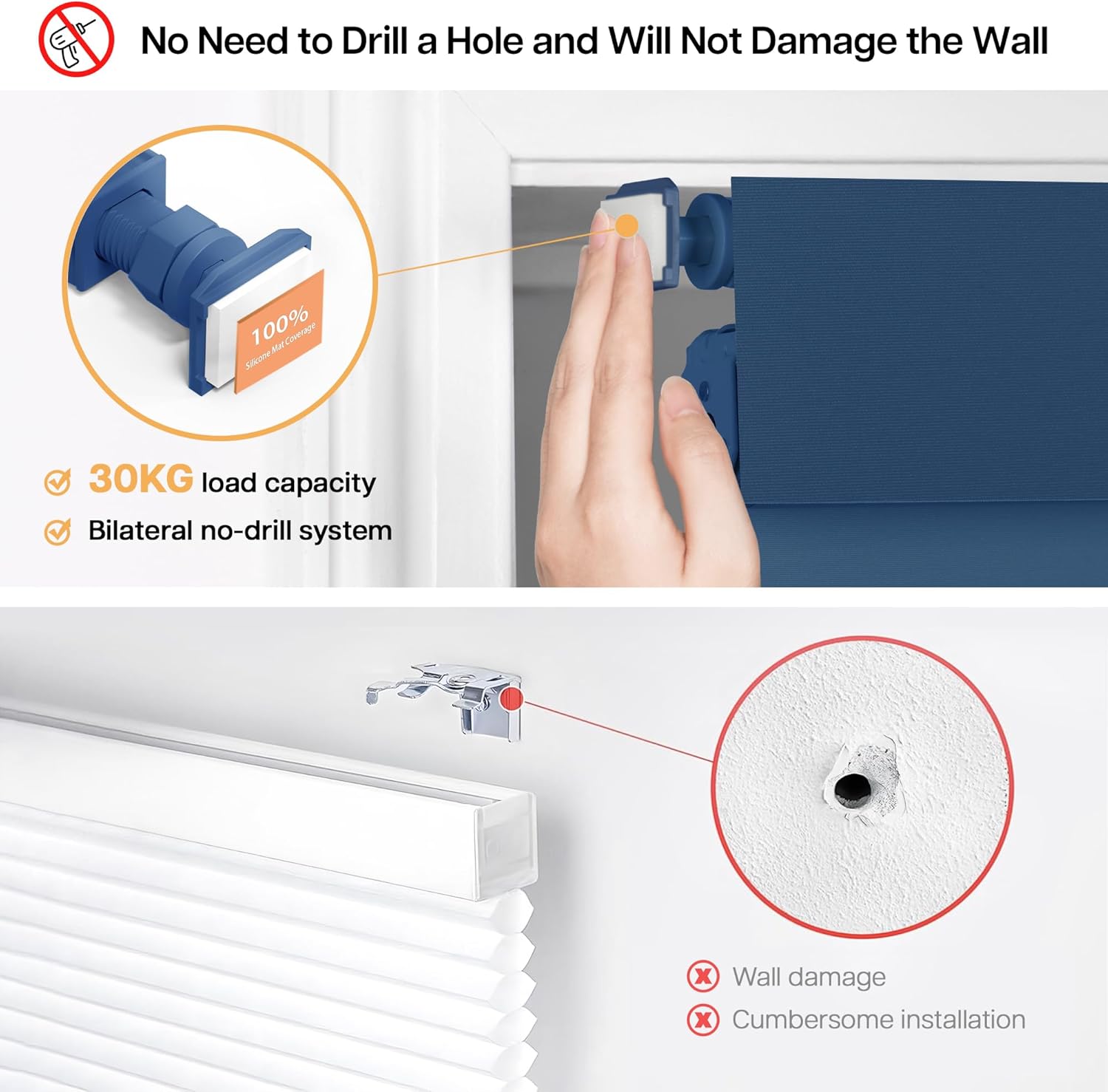 LazBlinds No Drill Blinds for Indoor Windows, Blackout Roller Shades, Cordless Window Blackout Blinds, Thermal Insulated Fabric UV Protection for Home and Office, 28.5" W x 48" H, Navy Blue