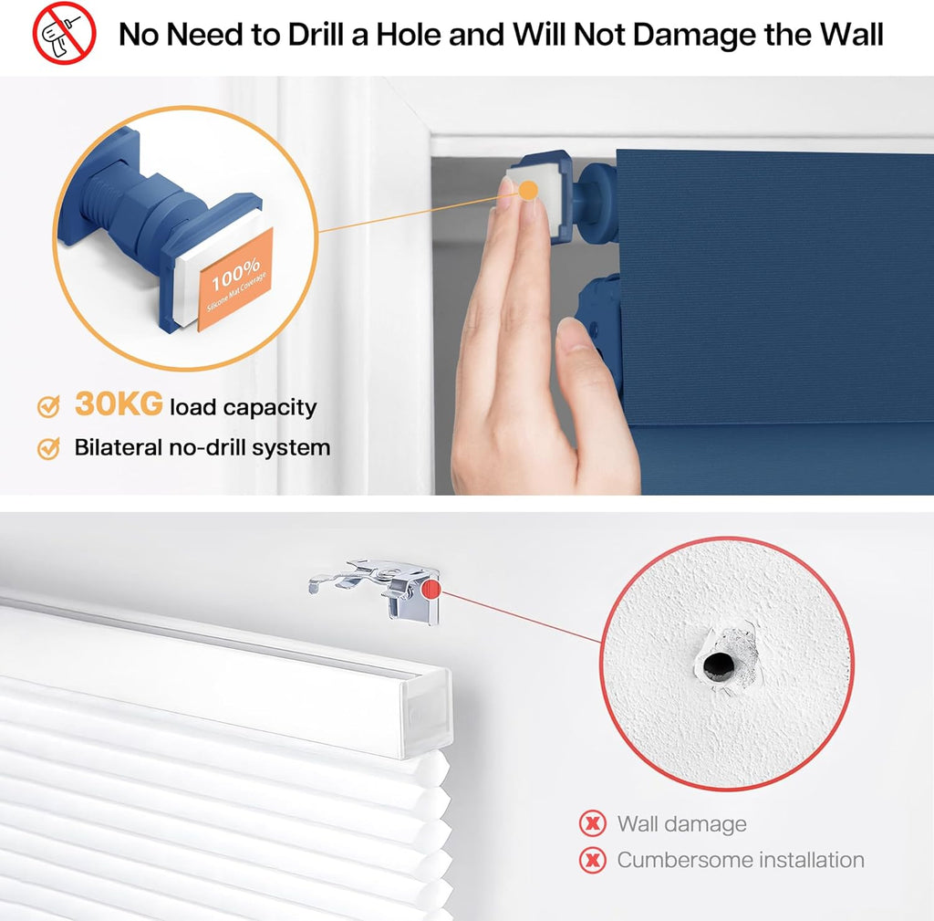 LazBlinds No Drill Blinds for Indoor Windows, Blackout Roller Shades, Cordless Window Blackout Blinds, Thermal Insulated Fabric UV Protection for Home and Office, 34.5" W x 48" H, Navy Blue