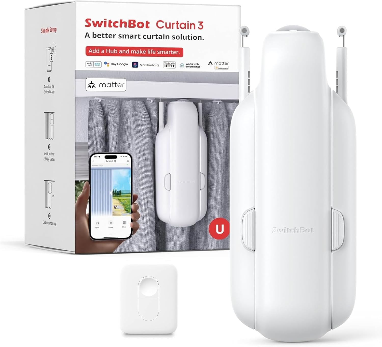 SwitchBot Automatic Curtain Opener with Remote - Bluetooth Remote Control Smart Curtain with App, Upgraded High-Performance Motor, Add SwitchBot Hub to Work with Alexa, Google Home, HomeKit (Curtain 3
