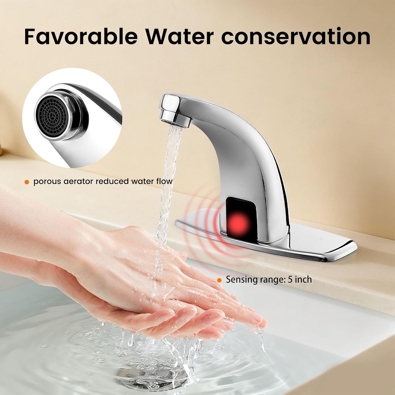Touchless Bathroom Sink Faucet，Automatic Motion Sensor Faucets with 1 Hole Plate for Water Bath Commercial Lavatory Farmhouse, Chrome
