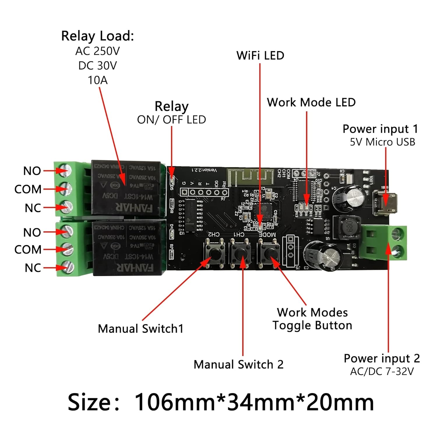 Jane Eyre 2 Channel WiFi Momentary/Self-Locking Relay Switch Module DC 7-32V DIY Switch Module TUYA/SmartLife APP Remote Switch Relay Compatible with Alexa Echo Google Home