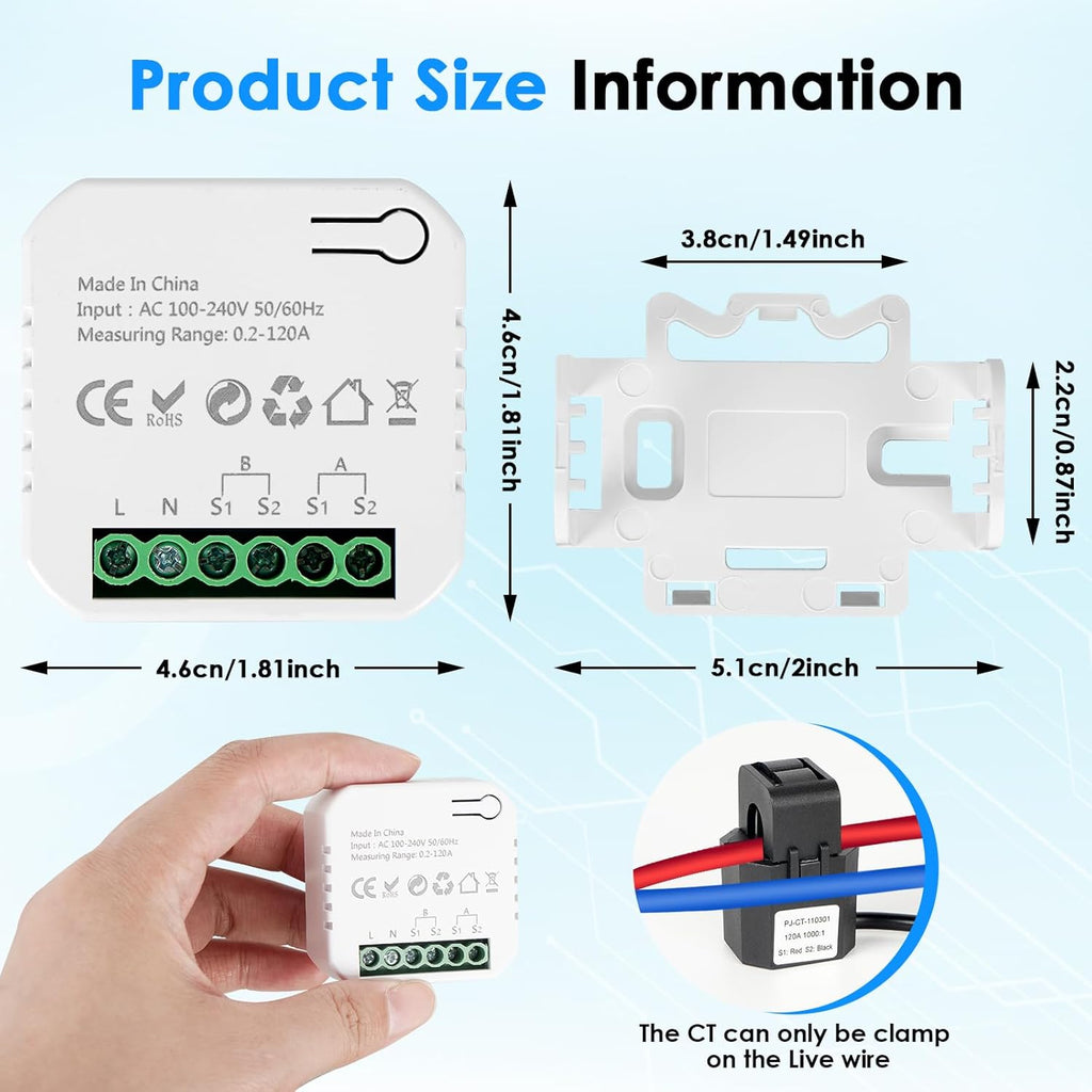 Smart Home Energy Monitor, with 2 x 120A CTs, Bi-Directional Power Tracking, Real-Time Electricity Usage Monitor, 2.4GHz Wi-Fi, Compatible with Tuya/Smart Life Apps