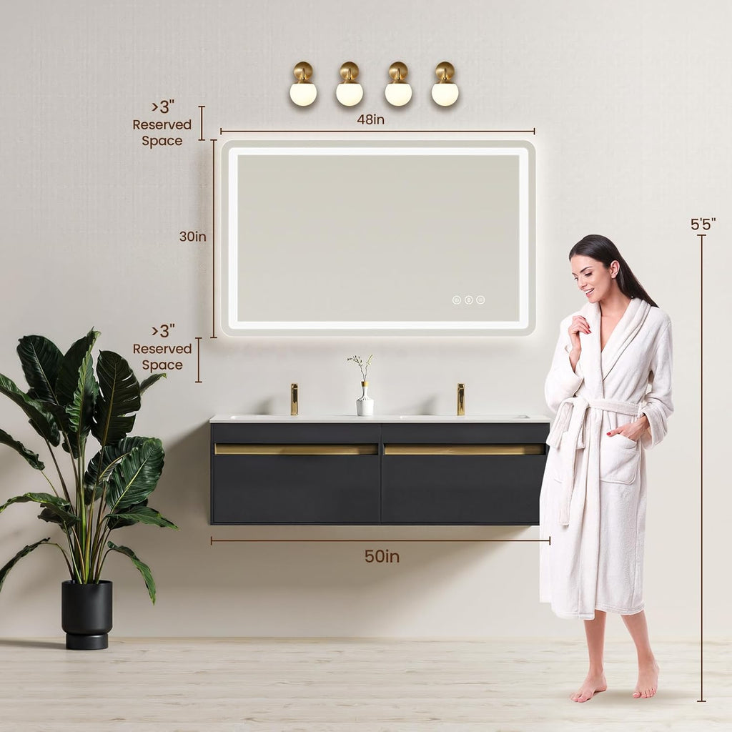 48" x 30" Led Bathroom Mirror with Lights, Anti-Fog & Tri-Color Lighting - Wall Mounted Shaving Mirror with Touch Sensor, Waterproof & Smart LED Vanity Mirror,Tempered Glass, Dimmable Smart Mirror