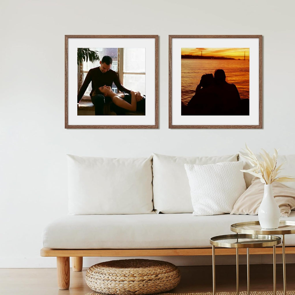 Fun Memories 20x20 Square Picture Frames, Rustic Solid Oak Wood Frame for Wall, Wooden Photo Frame with Tempered Real Glass, Matted to 16x16, Walnut Color, Set of 2