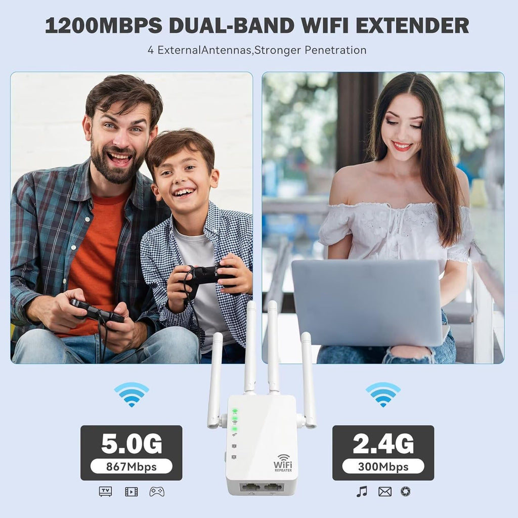 WiFi Extender Signal Booster, Dual-Band 5GHz/2.4GHz 1200Mbps Repeater, Covers Up to 13,888 sq.ft & 150 Devices, Long-Range Internet Booster for Home, Garage, Basement, Outdoor, WPS Easy Setup