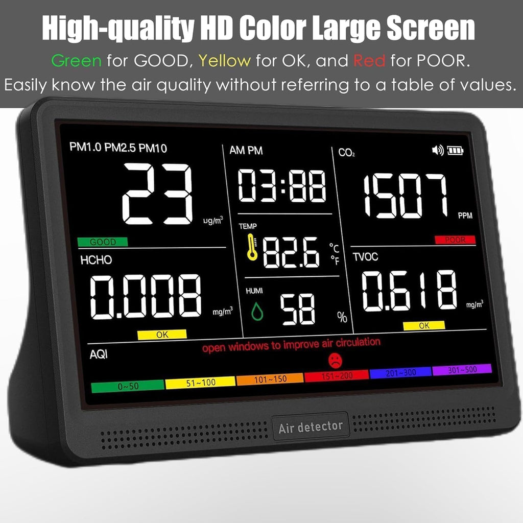 Professional Indoor Air Quality Monitor with 7X AQI Alarms,16 in 1 Portable Real-Time Detector for PM2.5 | PM10 | CO2 | TVOC | HCHO | Temp | Hum for Home Cars Plants Pets
