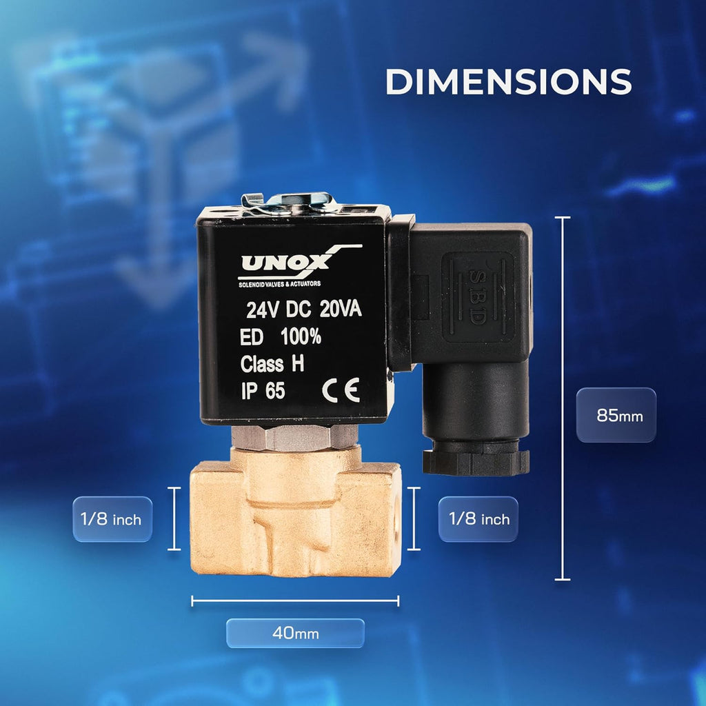 UNOX 1/8" NPT Solenoid Valve 24V DC, Brass Control Valve Normally Closed - 0-232 PSI Multi-Purpose Reliable Control Valve for Water, Air, and Gas - Solenoid Valves