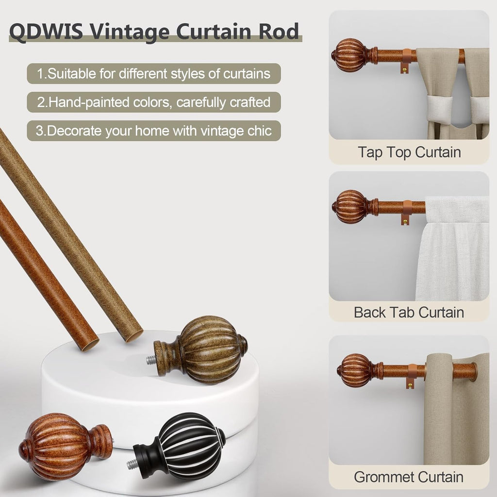 2 Pack Dark Brown Wood Curtain Rods for Windows 28 to 48 Inch, 1'' Adjustable Heavy Duty Curtain Rod，Vintage Imitation Wood Decorative Drapery Rods with Pumpkin Finials for Bedroom Living Room