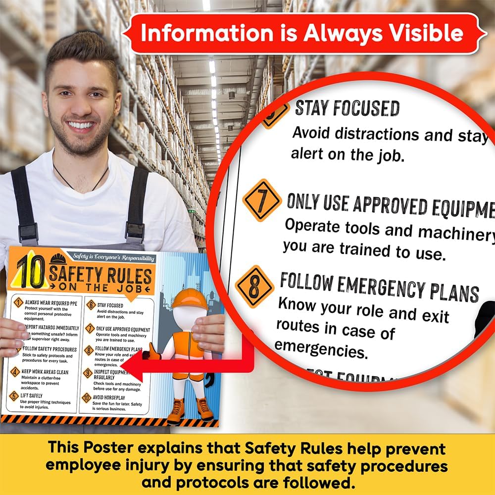 10 Safety Rules on the Job Poster 2026 Version – 18x24 Durable Laminated Safety Sign, Tear-Resistant, Waterproof Workplace Safety Poster for Industrial and Construction Settings (Pack of 5)