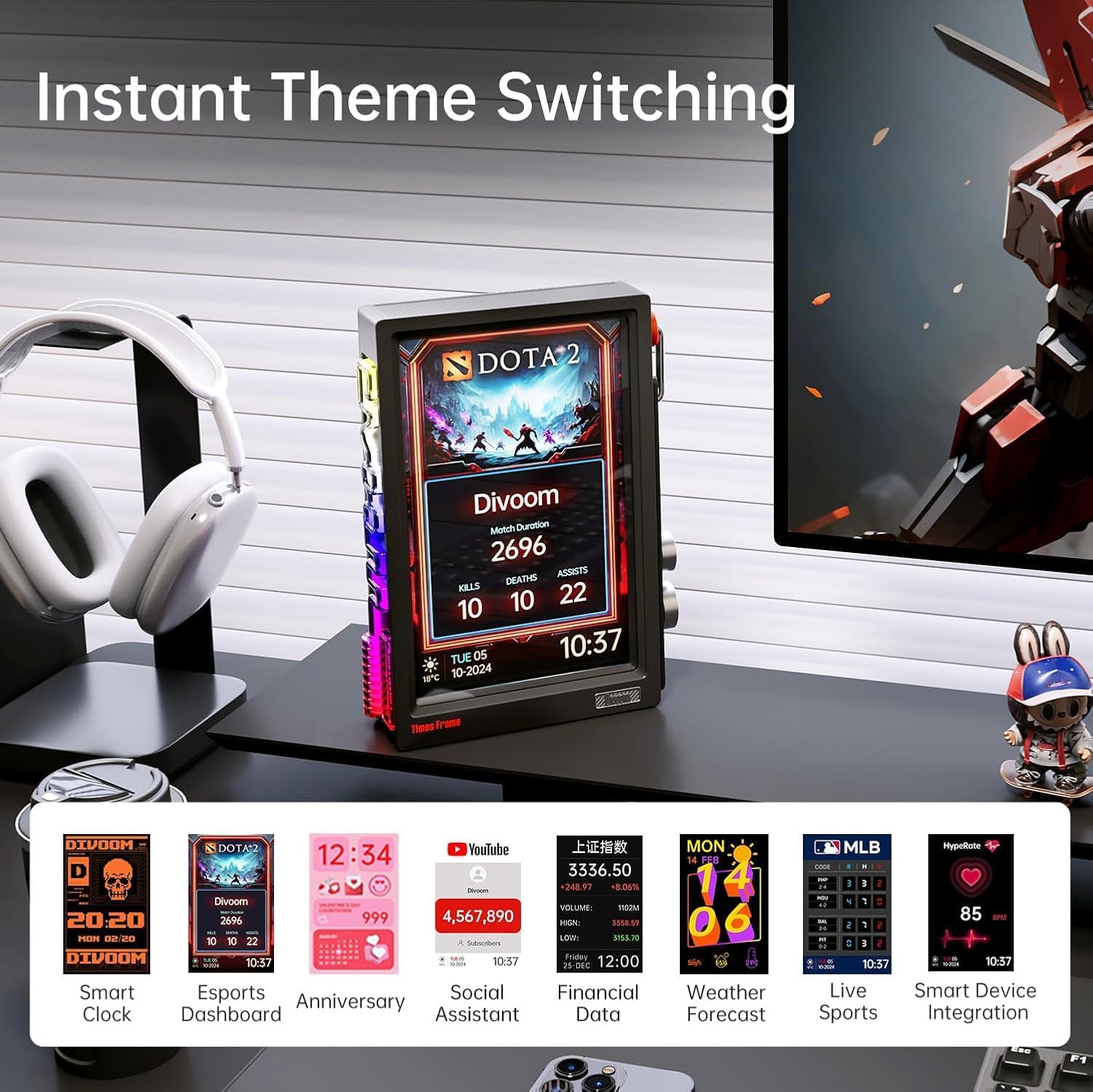 Divoom TimesFrame – 10.1" WiFi 6 Digital Picture Frame & Smart Desk Display, No Subscription | 64GB | Send Photos, Videos & AI Styles + Live Widgets (Weather, Calendar, etc)–Perfect Personalized Gift