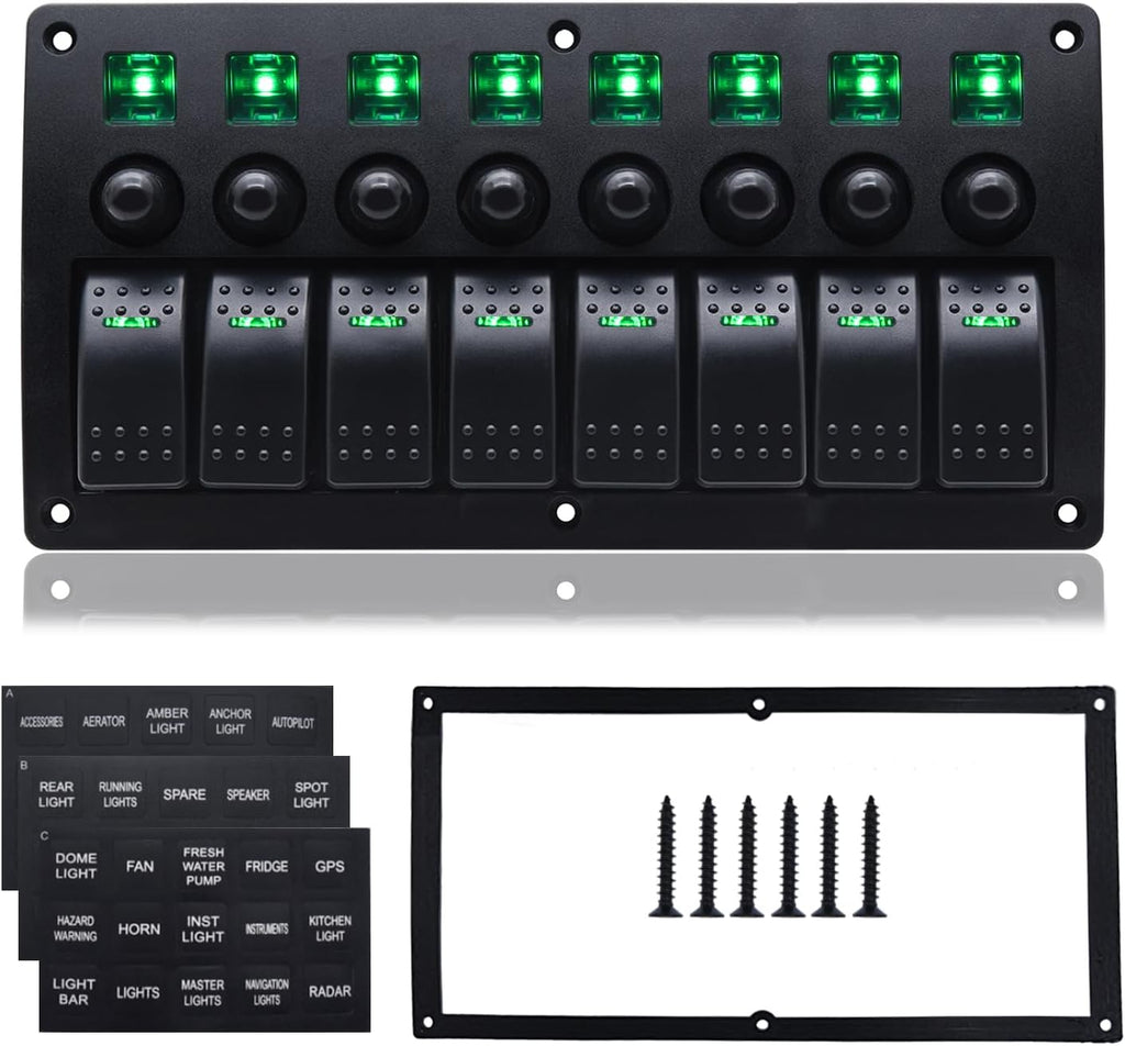 Geloo 8 Gang Marine Rocker Switch Panel, Boat Switch Panel Waterproof, Marine Switches Panel, 12V Aluminum Switch Panel for Car RV Truck Green LED Toggle Switches with Circuit Breaker (Green)