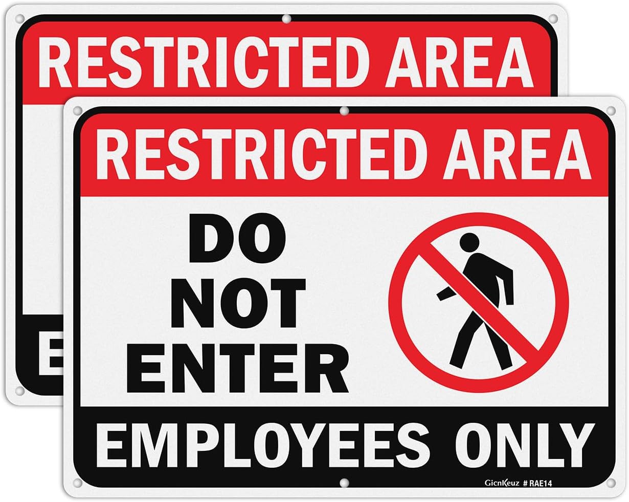 GicnKeuz Large Restricted Area Sign, 14x10 Inches Do Not Enter - Employees Only Signs, Rust Free.40 Reflective Aluminum, Fade Resistant/Waterproof, 6 Pre-drilled Holes (2 Pack)