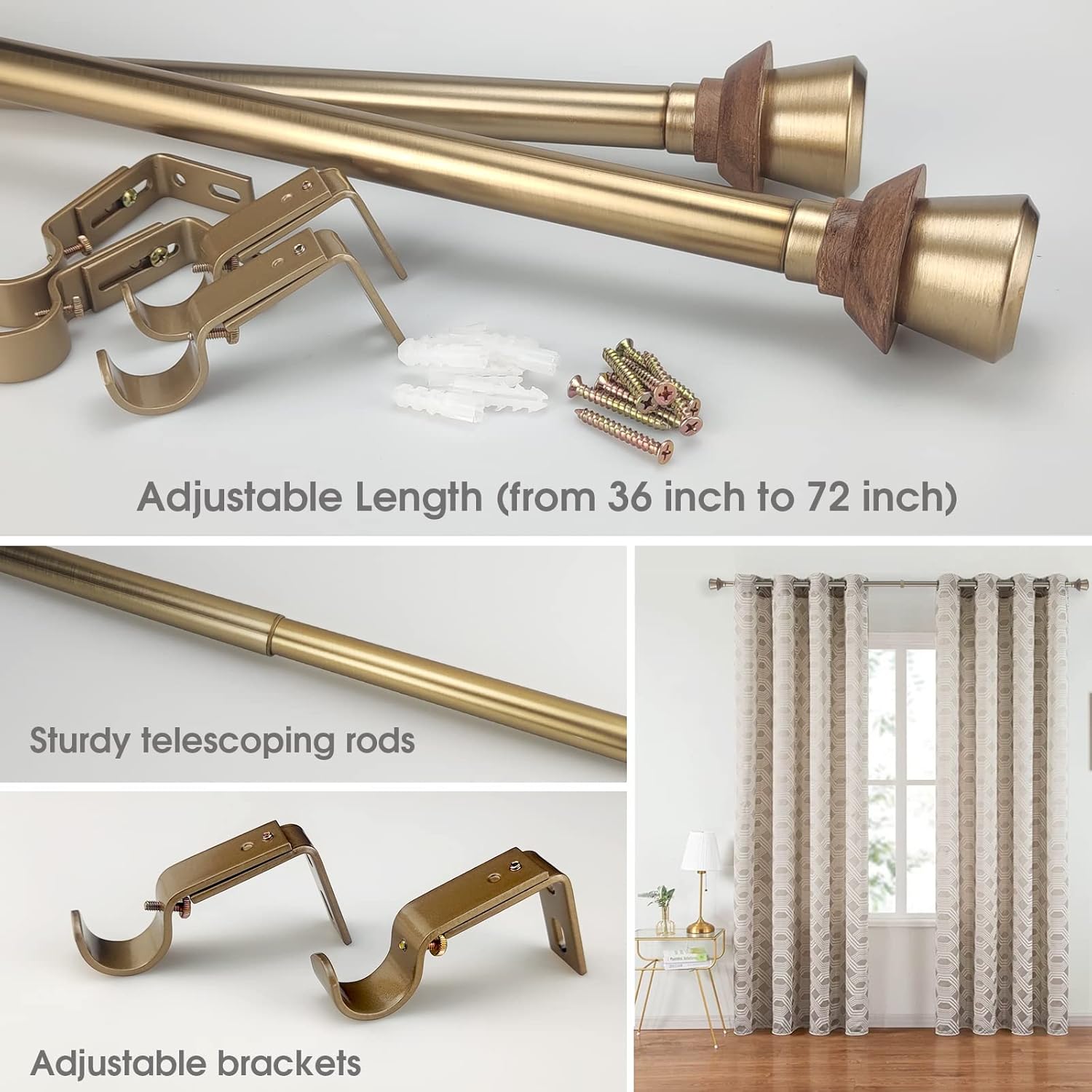 Modern Style Single Curtain Rod Set with Antique Brass Round Wood Look Finial, 36-72 in, Standard Single Whtie Drapery Rod for 1 Pack, 1 in diameter, Adjustable Length
