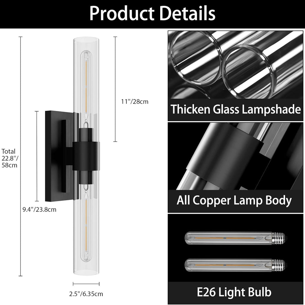 YUYI Black Wall Sconce, 22.8'' Wall Light for Bathroom Vanity, Modern Wall Lighting Fixture with Clear Glass Shade, Indoor Wall Sconce for Bathroom Vanity, Bedroom, Living Room, Hallway, Fireplace
