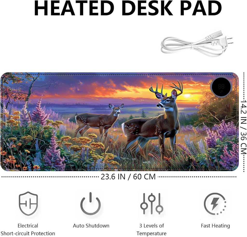 Heated Mouse Pad with 3 Levels Heated & 3 Hours Auto Shut-Off Mouse Pad for Warming Hands in Office Home, 23.6" x 14.2"Large Safe Desk Mat Hand Warmer，Elk Lavender