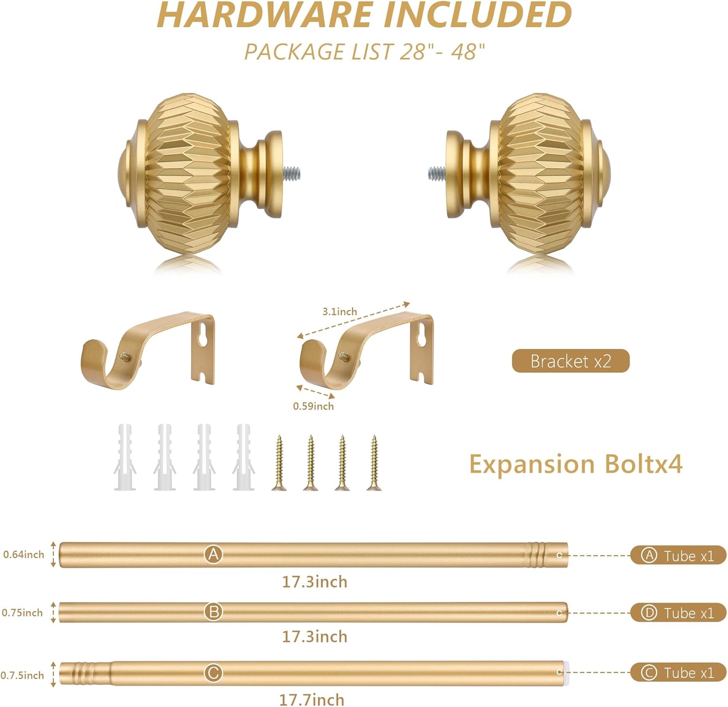 Gold Curtain Rods for Windows 28 to 48 Inches 6/8 Inch Adjustable Heavy Duty Curtain Rods with Lantern Ball Finials,Window Treatment Single Curtain Rod Set