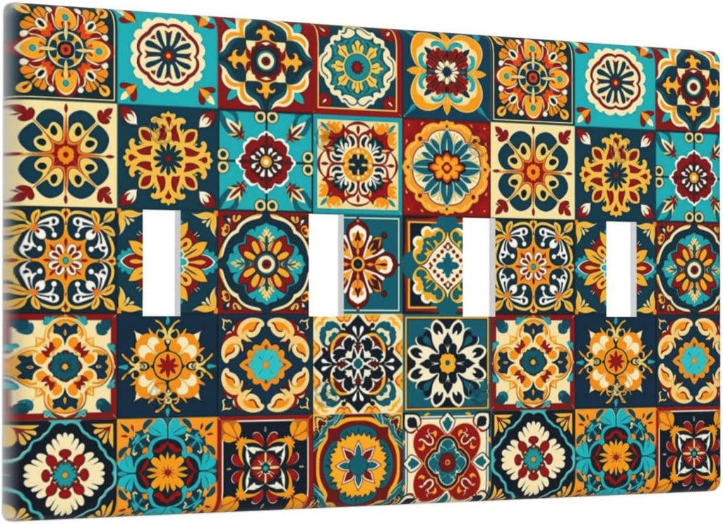 Mexican Talavera Ceramic Tile Moroccan Boho Light Switch Covers Quad Toggle Electrical Faceplate 4 Gang Wall Plate Decorative Switch Plates for Bathroom Kitchen Decor