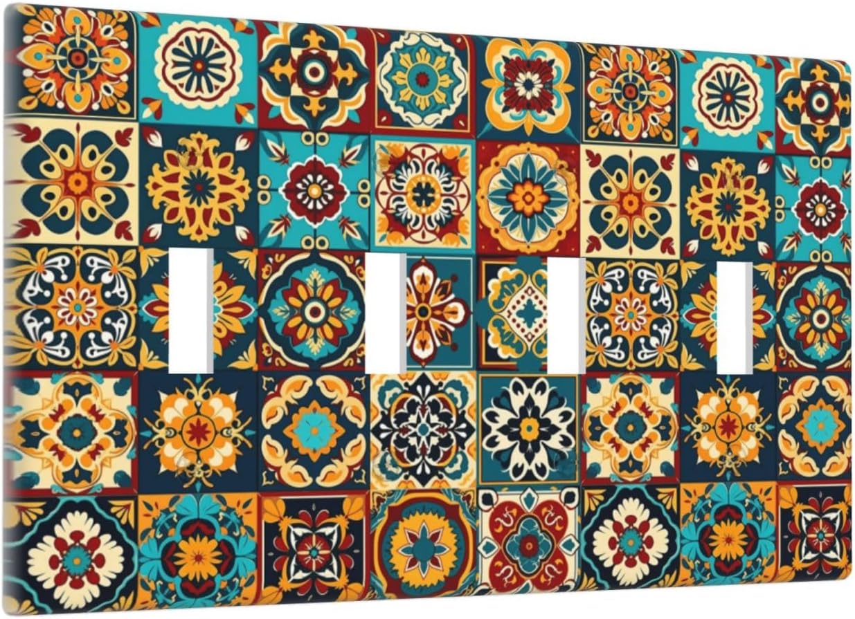 Mexican Talavera Ceramic Tile Moroccan Boho Light Switch Covers Quad Toggle Electrical Faceplate 4 Gang Wall Plate Decorative Switch Plates for Bathroom Kitchen Decor