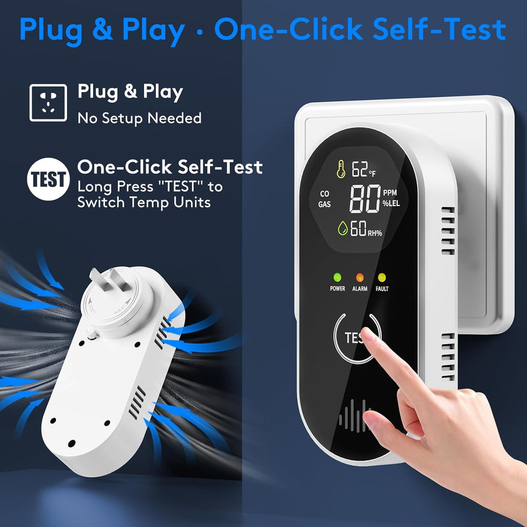 Carbon Monoxide Detectors Plug in, 4-in-1 CO & Natural Gas Leak Detector, 85dB Loud Alarm, Digital Display, Portable, Easy Install, Suitable for Home, RV, Camper, Ensures Peace of Mind