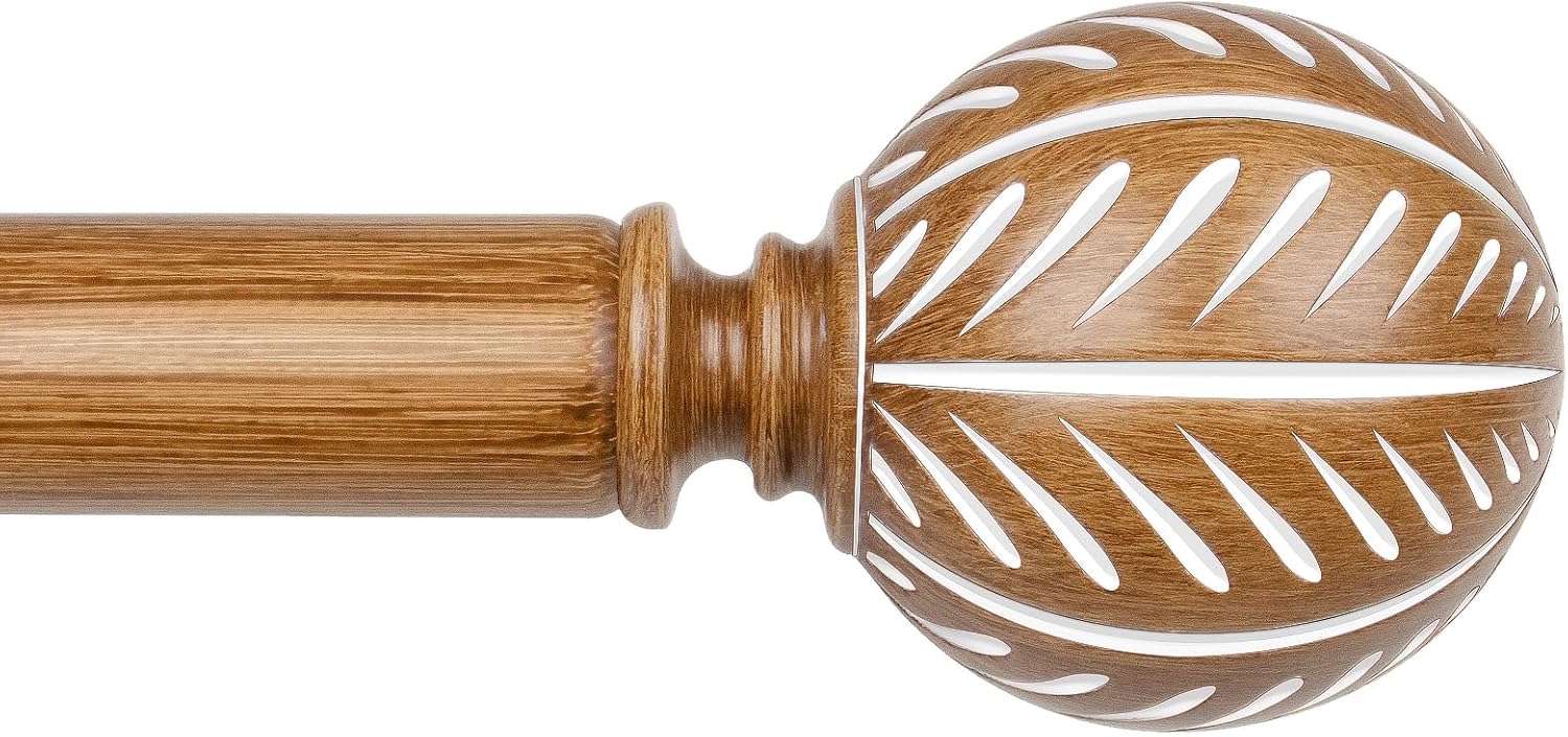 KAMANINA Wood Curtain Rods for Windows 32 to 58 Inch(2.6-4.8ft), 1 Inch Adjustable Drapery Rod, Decorative Heavy Duty Curtain Rods with Leaf Pattern Finials, Wood Grain